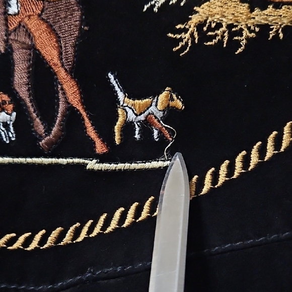 Equestrian Suede Leather Embroidered Jacket Blazer Size Medium Satin Lined Black - Picture 4 of 15